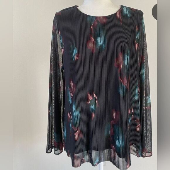 Alfani XL Black Mlticlrd Floral Print Pleated Lined Lngslvs Women's Top Blouse - Picture 1 of 9